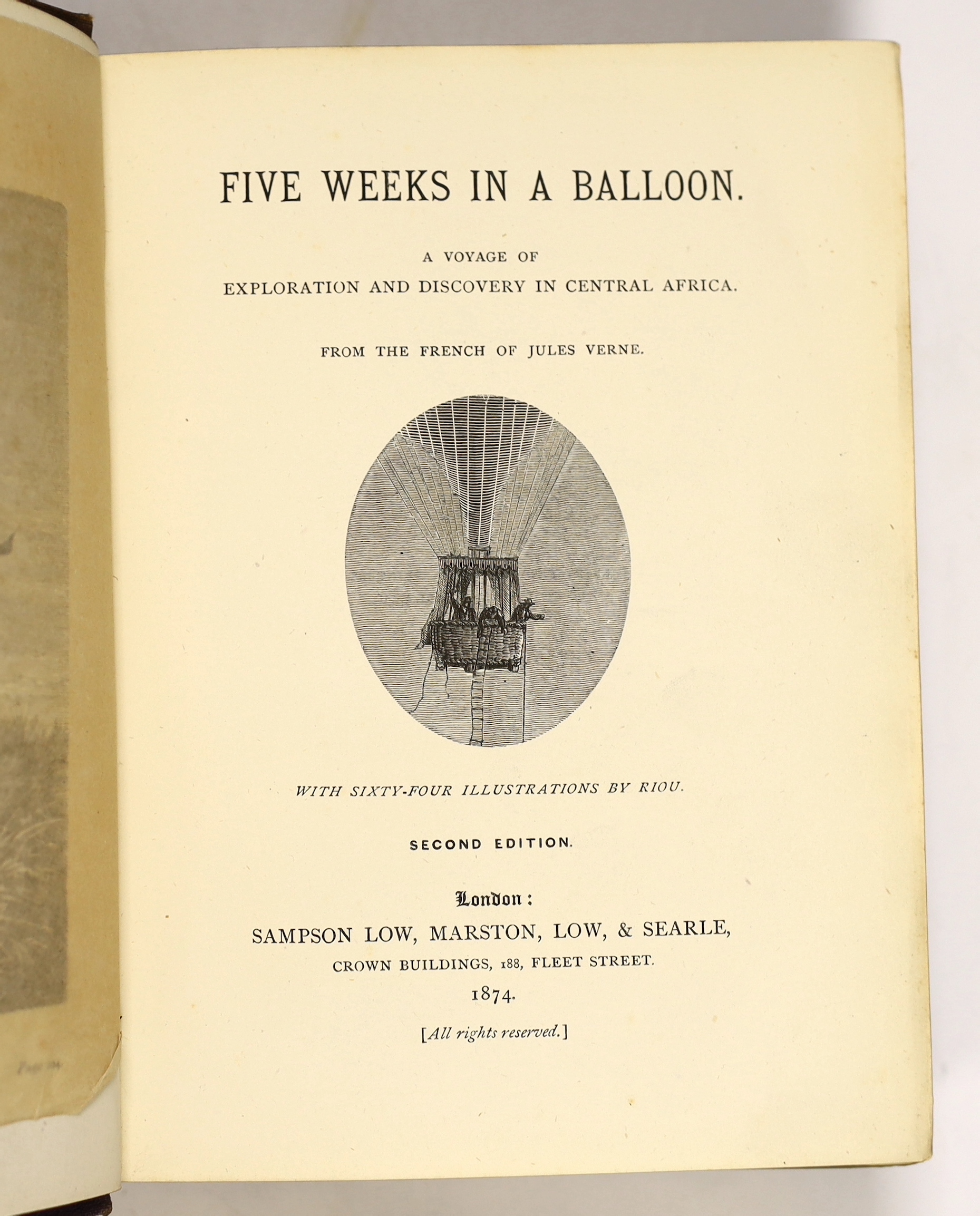 Verne, Jules - Five Weeks in a Balloon: a voyage of exploration and discovery in Central Africa ....2nd edition. 35 wood engraved plates and num. text illus.; publisher's gilt pictorial cloth, ge., cr.8vo. 1874